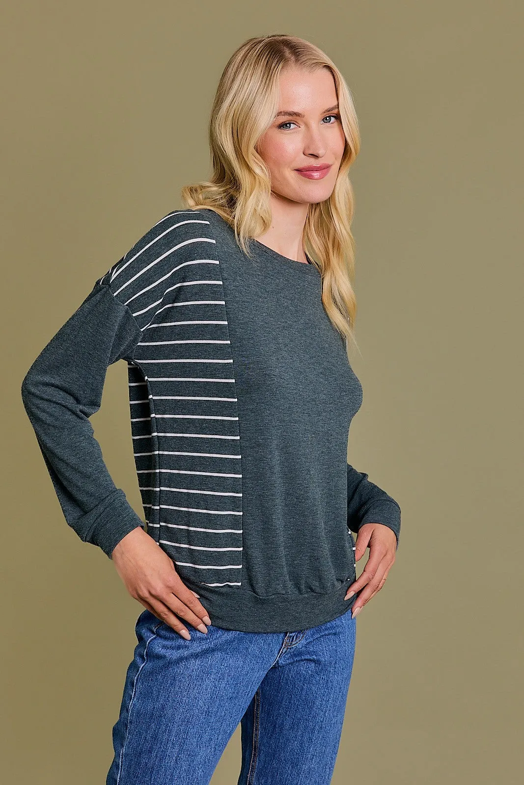 Lindsey Long Sleeve Round Neck Stripe Sweatshirt