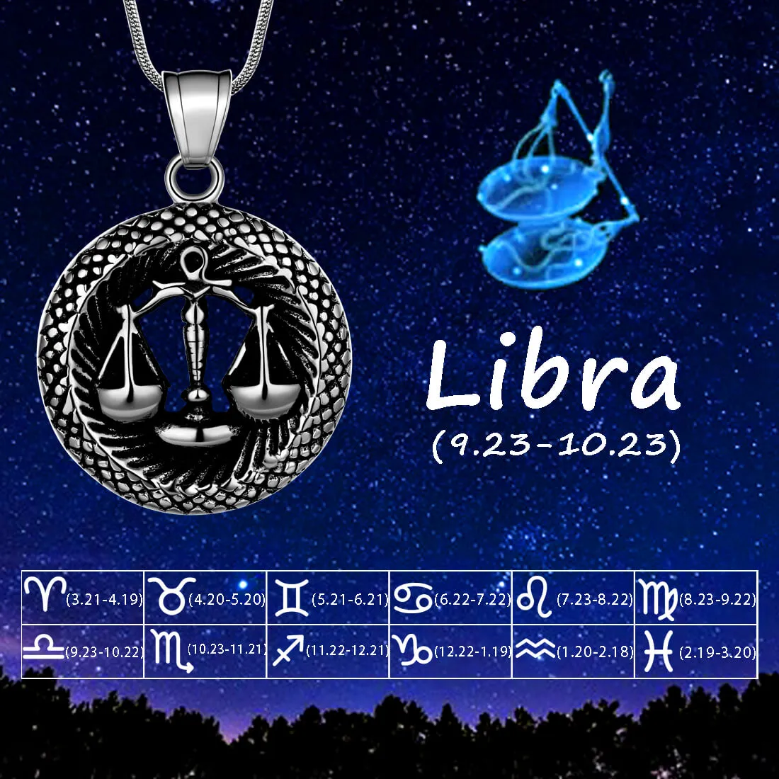 Men Zodiac Libra Necklace Pendant Star Sign Constellation Jewelry Women Boys Girls Birthday Gift