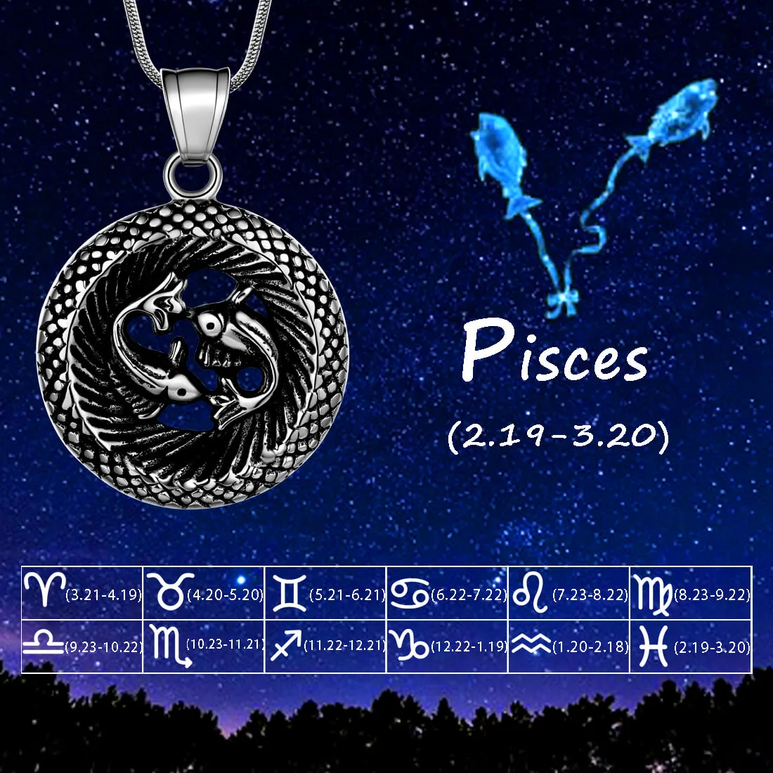 Men Zodiac Pisces Necklace Pendant Star Sign Constellation Jewelry Women Boys Girls Birthday Gift