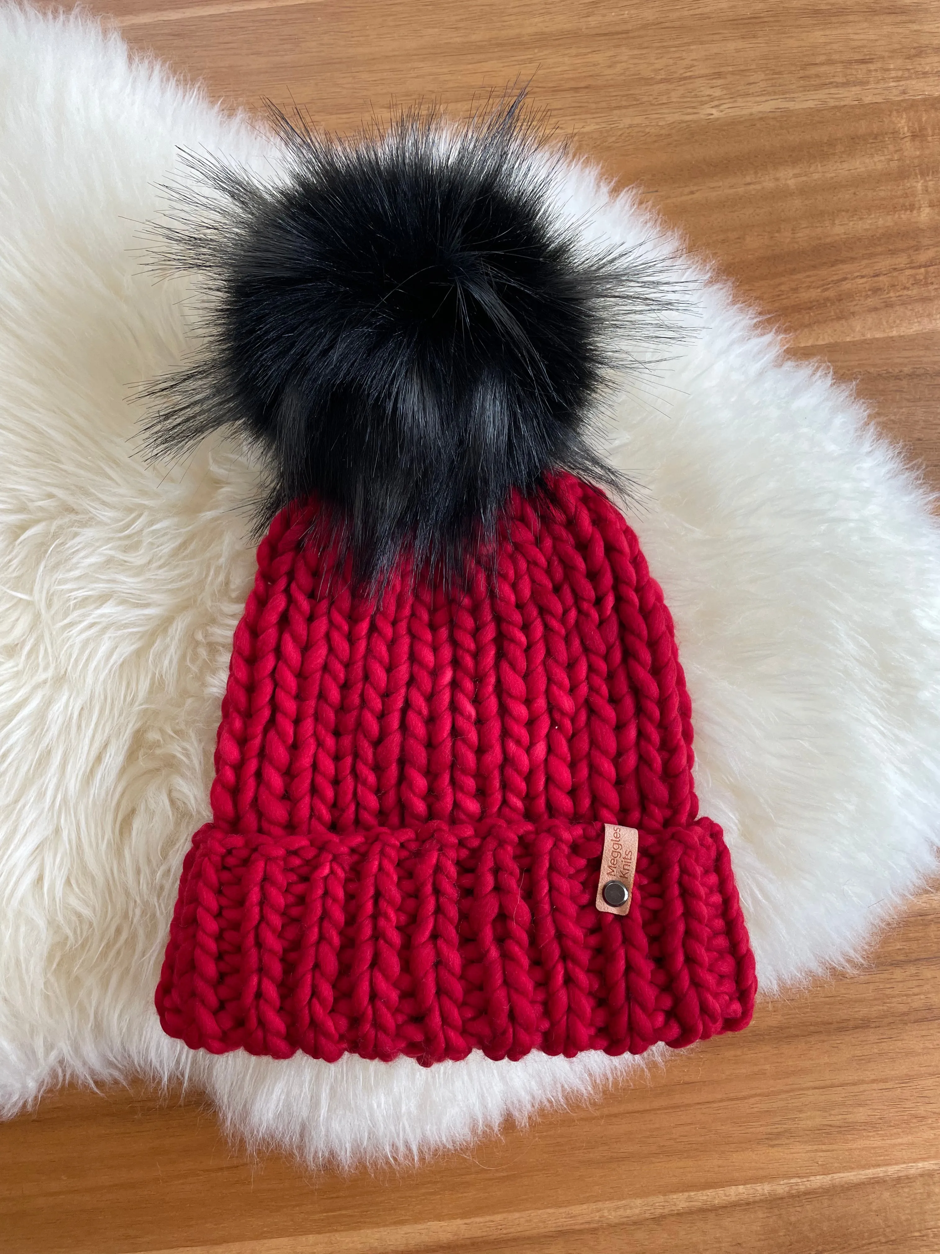 Red Folded Brim Beanie with Faux Fur Pom Pom